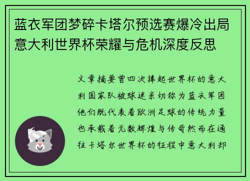 蓝衣军团梦碎卡塔尔预选赛爆冷出局意大利世界杯荣耀与危机深度反思